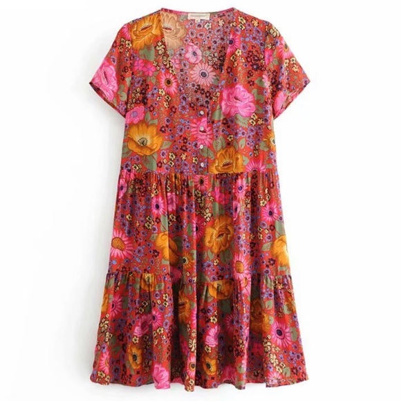Tiered V Neck Boho Floral Gypsy Print Dress Red - Picture 4 of 10
